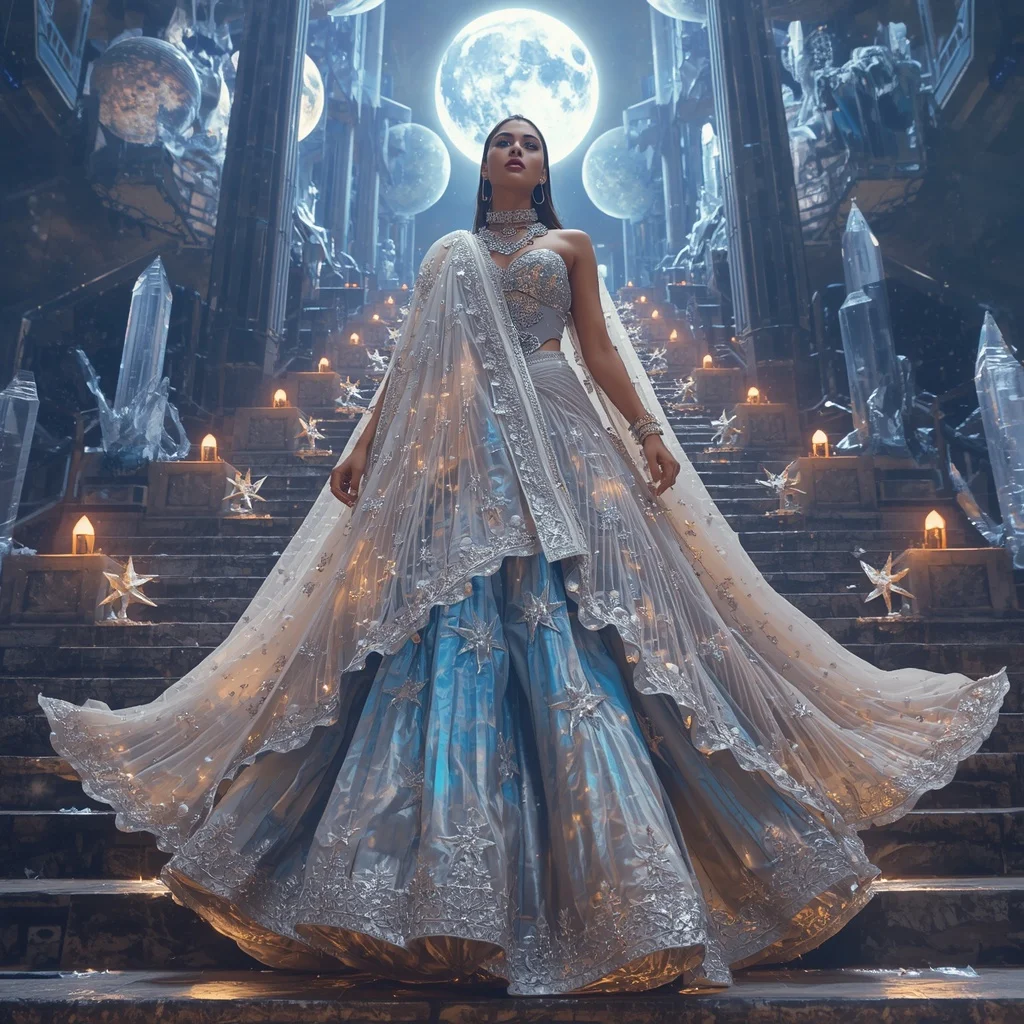Crystal Stairway Moon Saree with Celestial Fashion Citadel | Instagram Influencer Ai Prompt