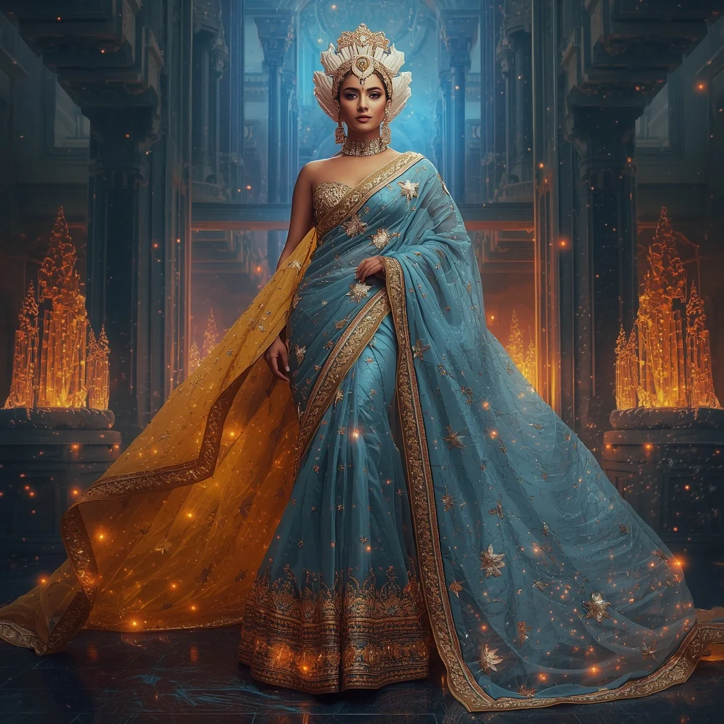 Crystal Starforge Saree with Cosmic Weaponry Royal Empire | Gemini Ai Photo