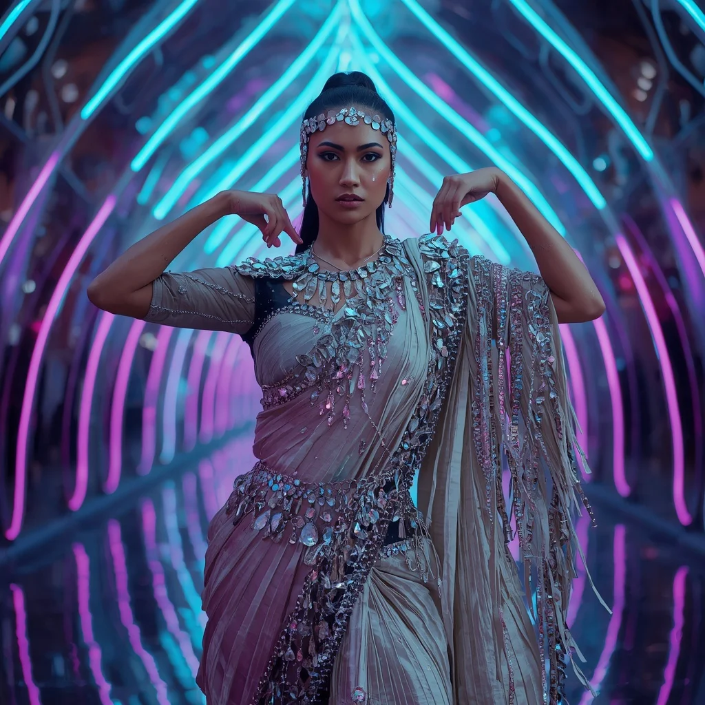 Crystal Storm Galaxy Saree with Infinity Ribbon Reflection Cathedral | Prompt For Traditional Look On Instagram
