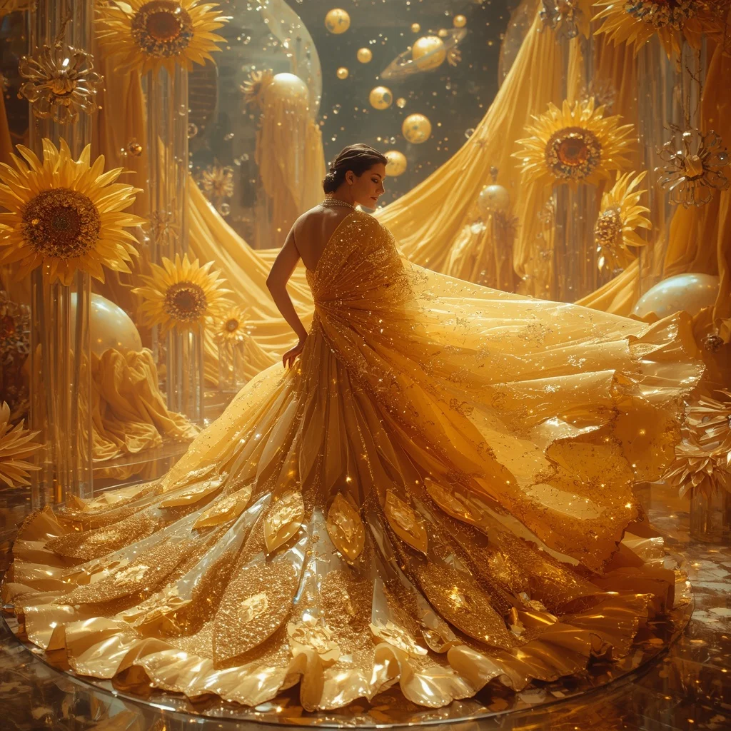 Crystal Sunflower Galaxy Saree with Floating Solar Bloom Kingdom | Whatsapp Dp Ai Prompt