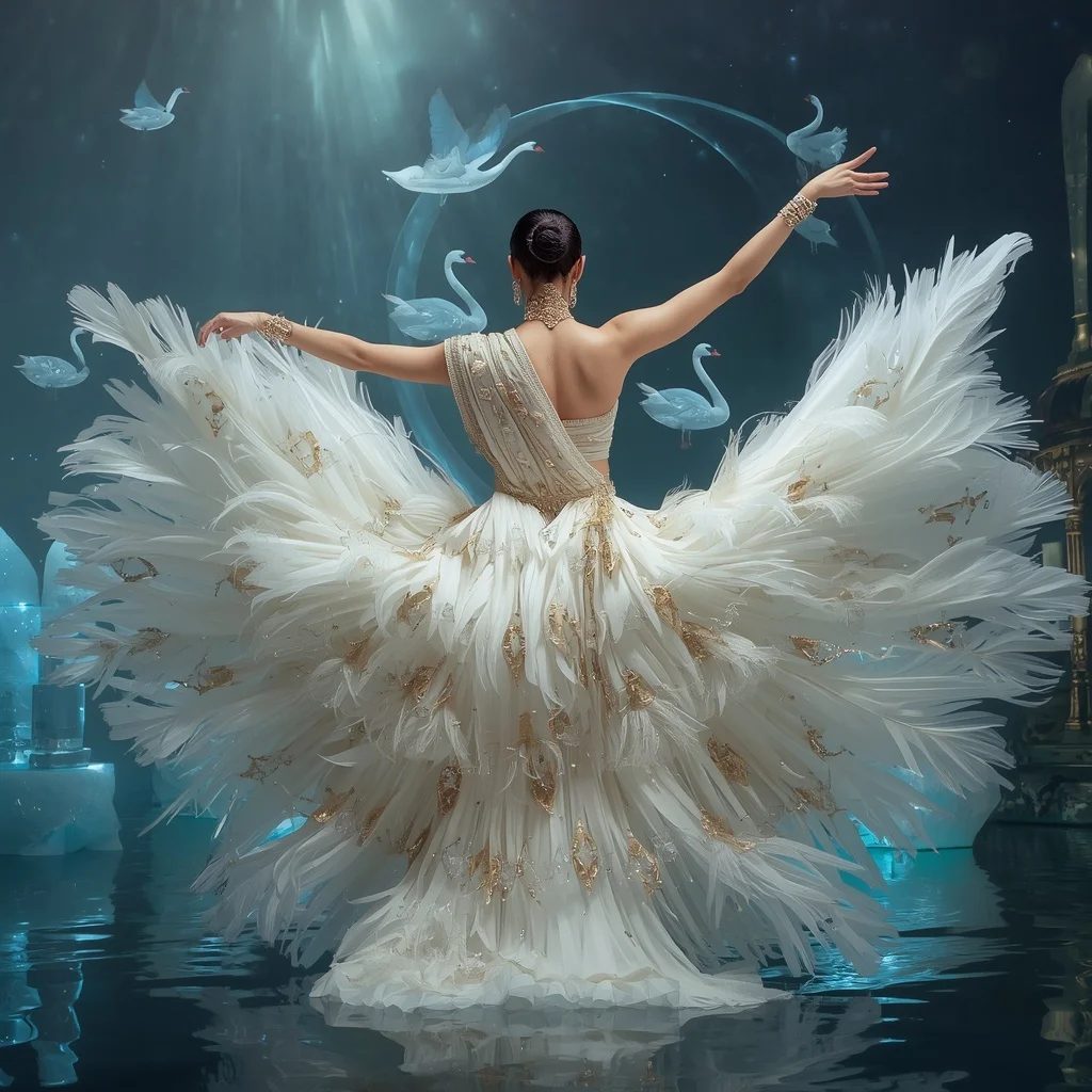 Crystal Swan Lake Saree with Floating Aurora Water Kingdom | Ai Prompt For Reels