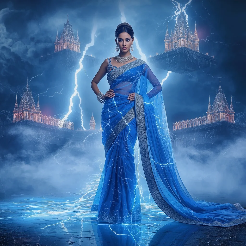 Crystal Thunder Palace Saree with Floating Electric Royal Kingdom | Gemini Photo Prompt