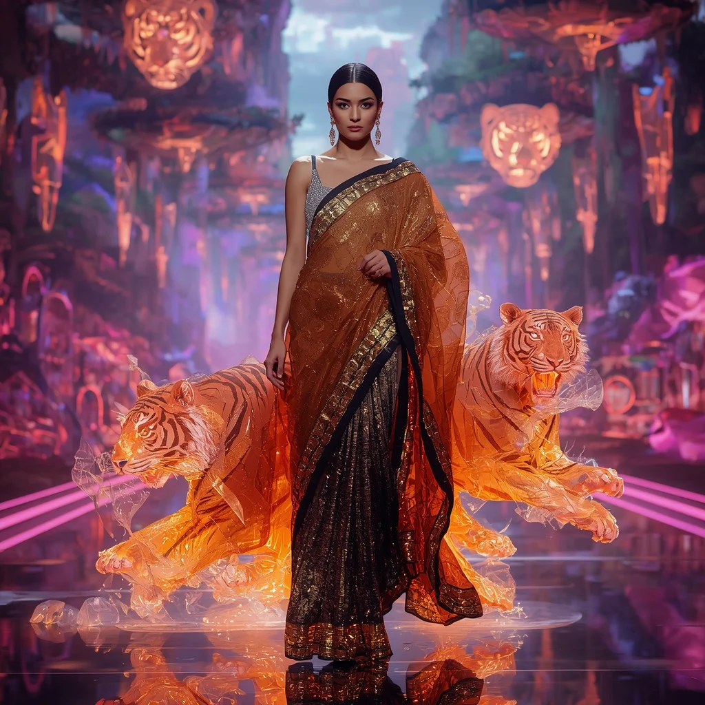 Crystal Tiger Armor Saree with Floating Neon Safari Empire | Prompt For Traditional Look For Couple