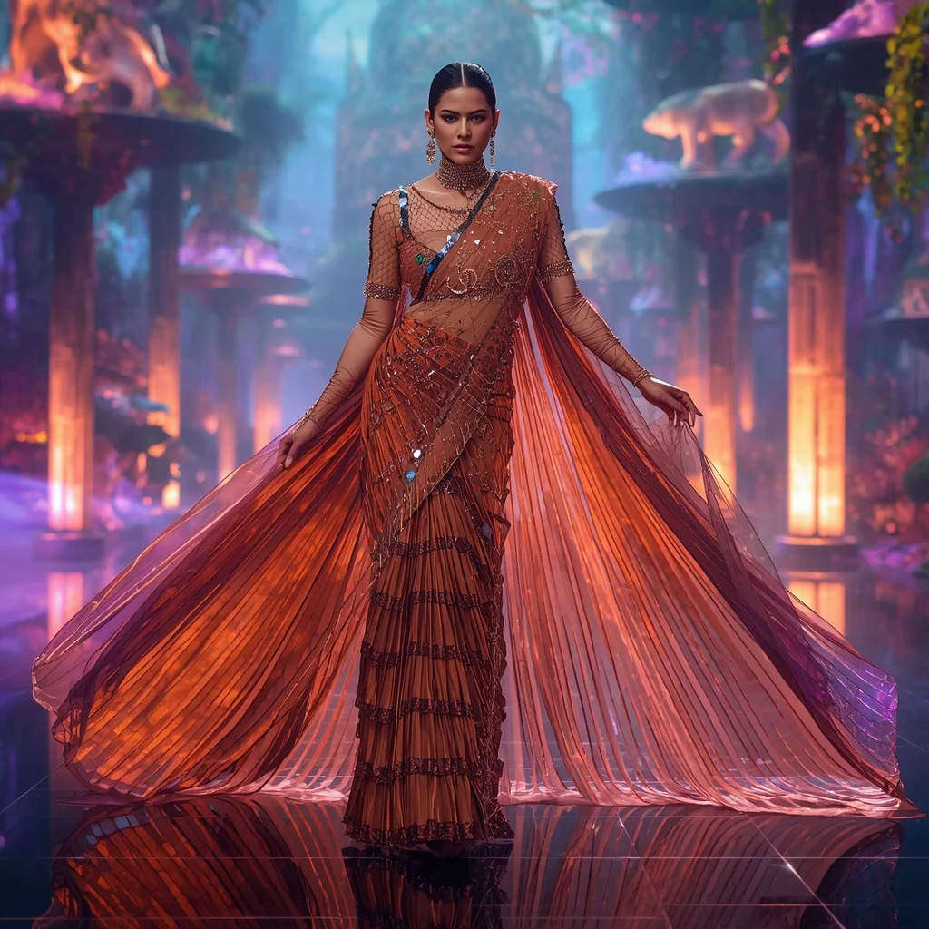 Crystal Tiger Galaxy Saree with Floating Neon Jungle Empire | Gemini Ai Prompt