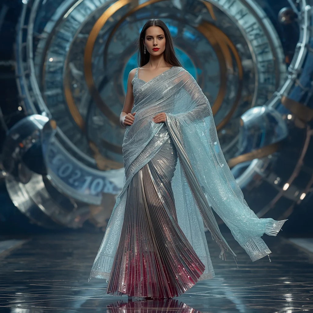 Crystal Time Warp Saree with Floating Chrono Spiral Dome | Prompt Seen Horror Girl