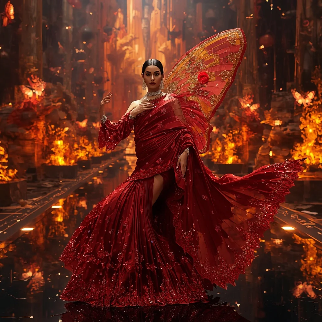 Crystal Volcano Butterfly Saree with Floating Fire Garden Realm | Prompt Seen Girl Lehenga
