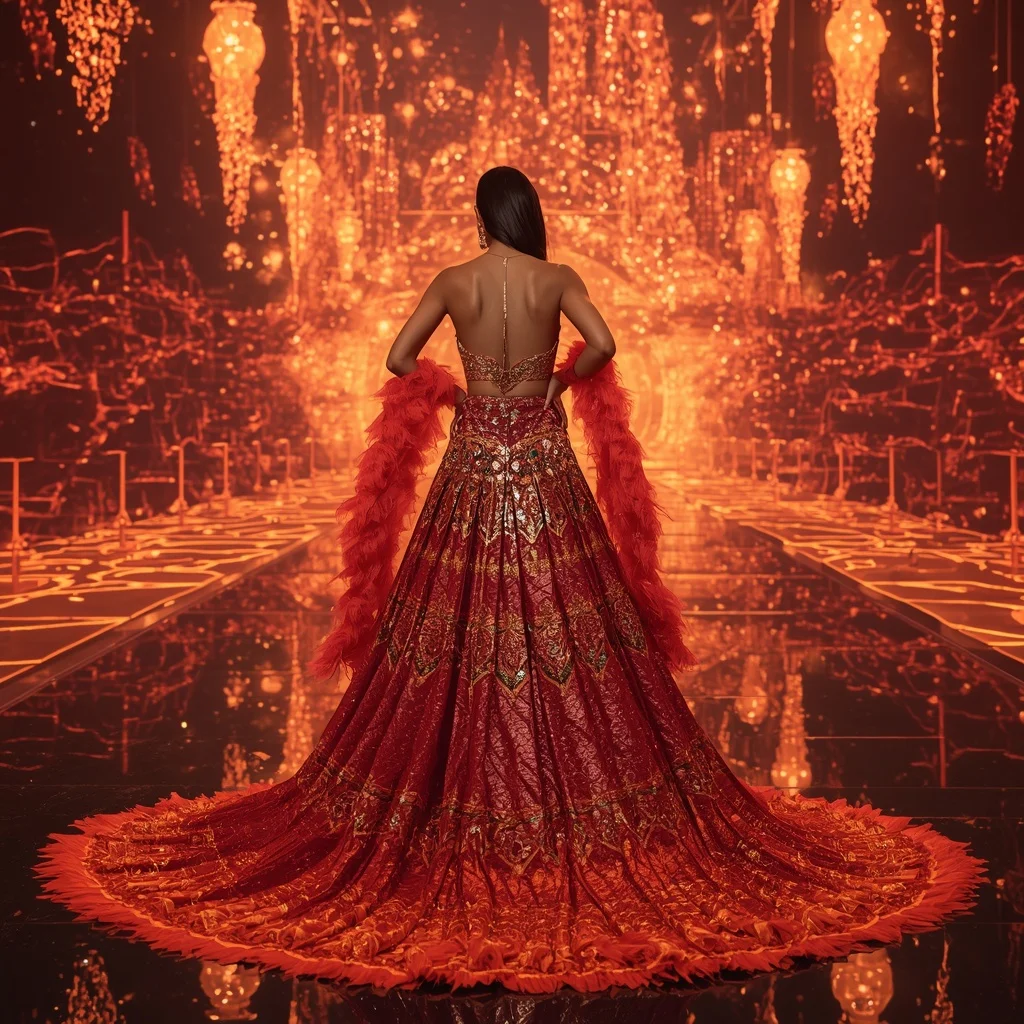 Crystal Volcano Peacock Saree with Floating Fire Feather Kingdom | Festive Prompt