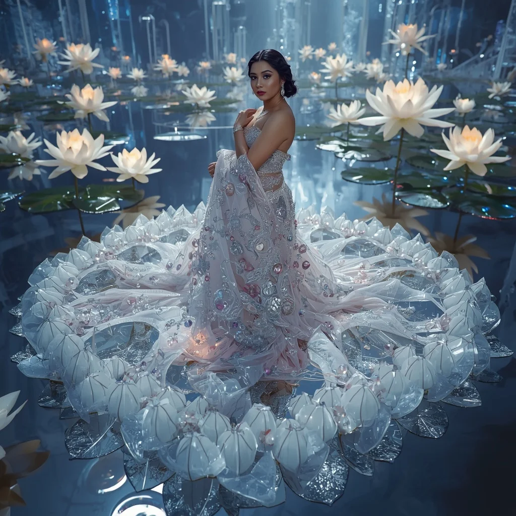 Crystal Water Lily Saree with Floating Mirror Lake Paradise | Beautiful Woman Ai Prompt