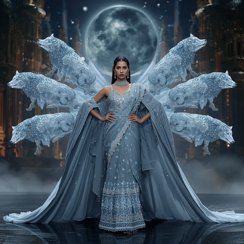 Crystal Wolf Moon Saree with Celestial Forest Fortress Kingdom | Prompt For Traditional Look For Girl Copy Paste