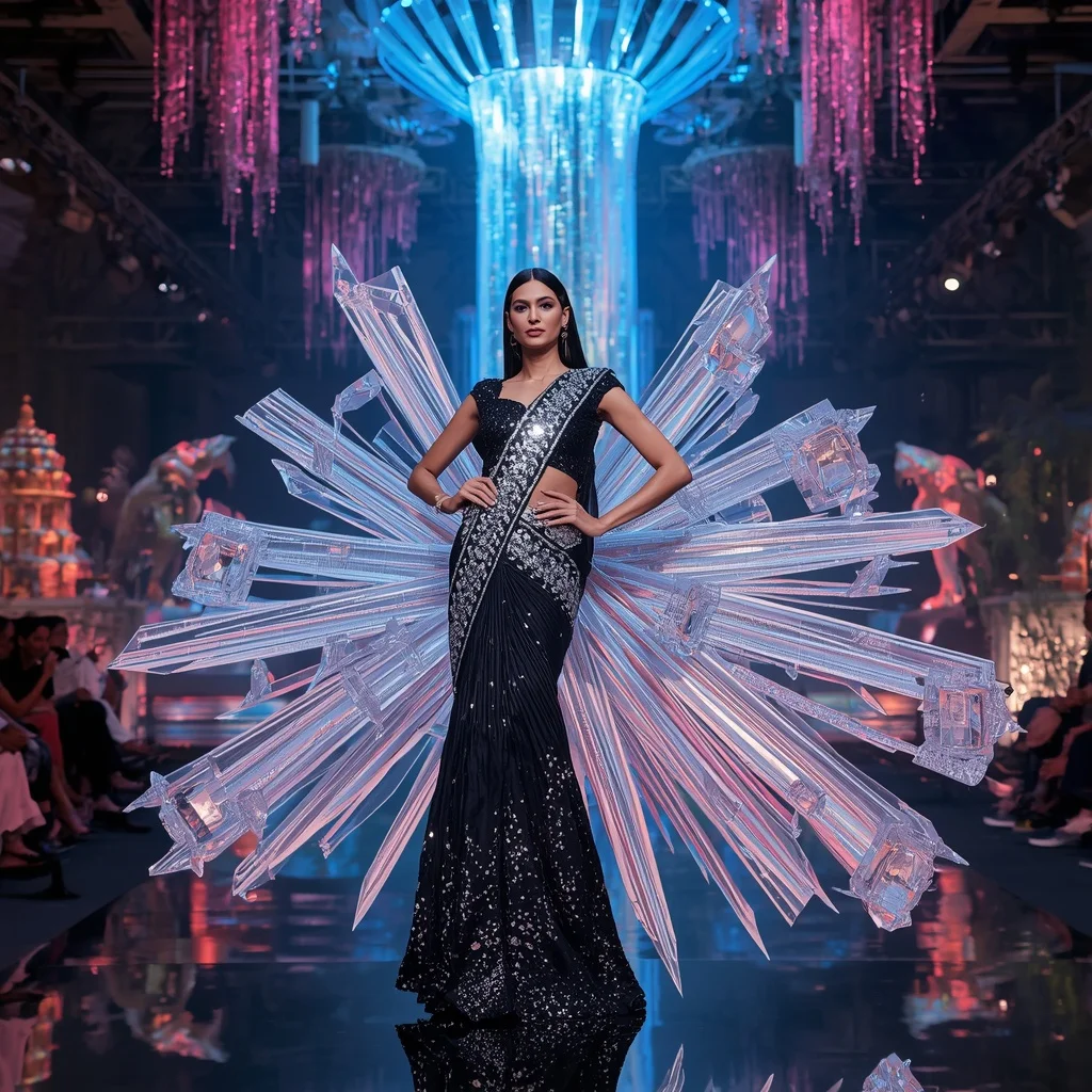 Crystal Zebra Prism Saree with Floating Neon Safari Universe | Gemini Photo Prompt