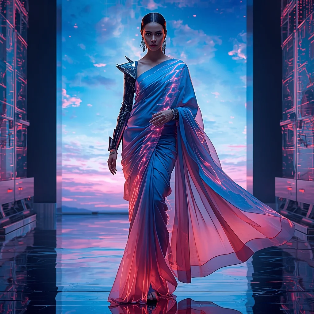 Cyber Aurora Blade Saree with Digital Sky Collapse | Korean Ai Prompt