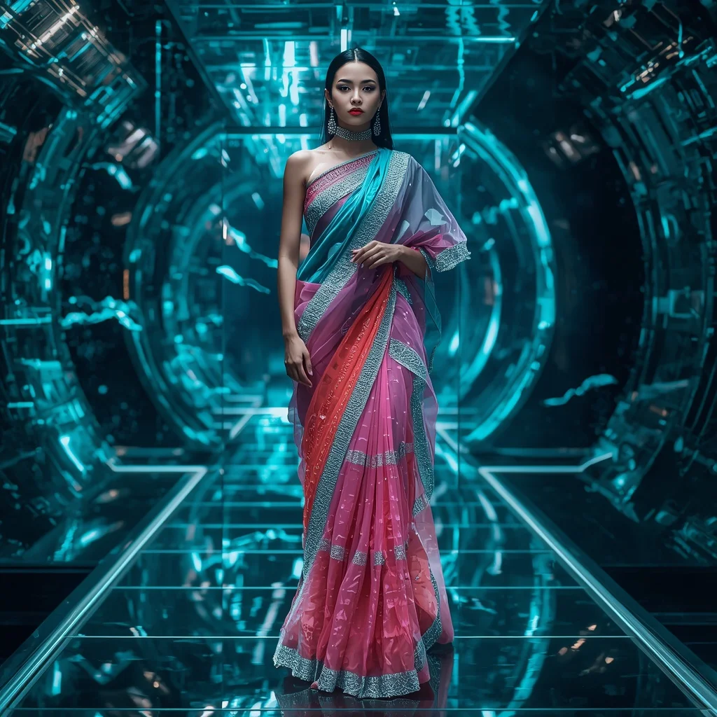 Cyber Coral Neural Net Saree with Deep Ocean Tech Rift | Ai Video Generator Prompt
