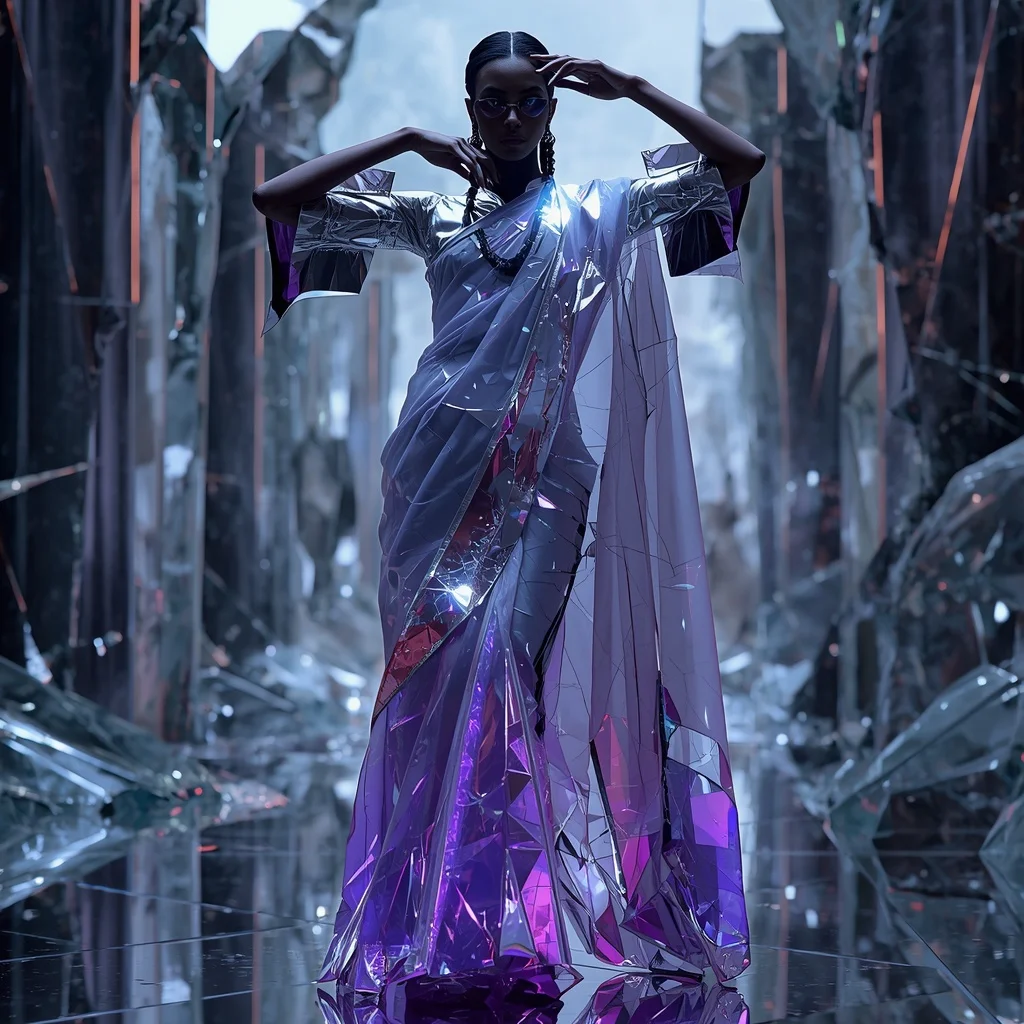 Cyber Glass Shard Saree with Fragmented Mirror Reality | Sora Ai Prompt