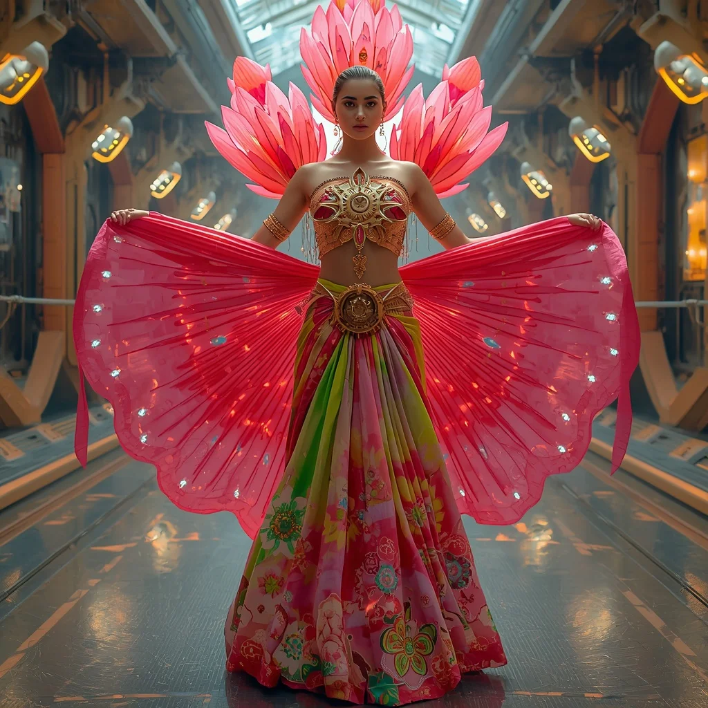 Cyber Lotus Reactor Saree with Energy Bloom Engine | Gemini Girl Photo Prompt Indian Style