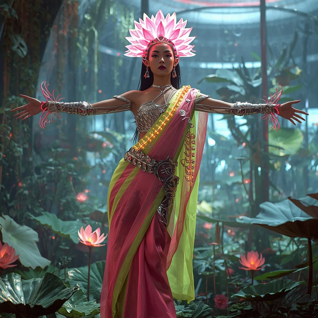 Cyber Lotus Spine Saree with Neon Biome Dome | Easy Ai Prompt