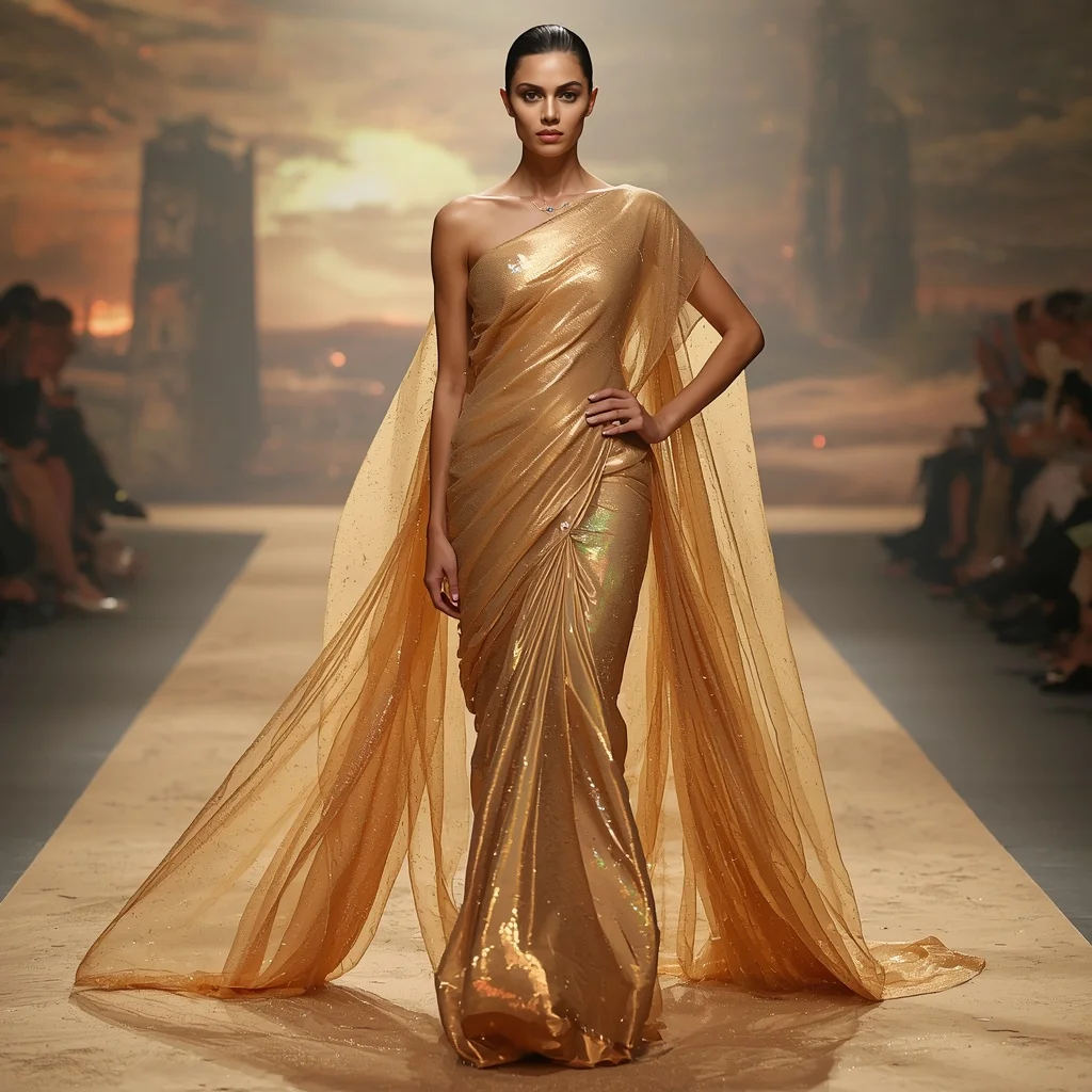Cyber Mirage Dune Saree with Shifting Sand Light Fabric | Woman Pose Ai Prompt