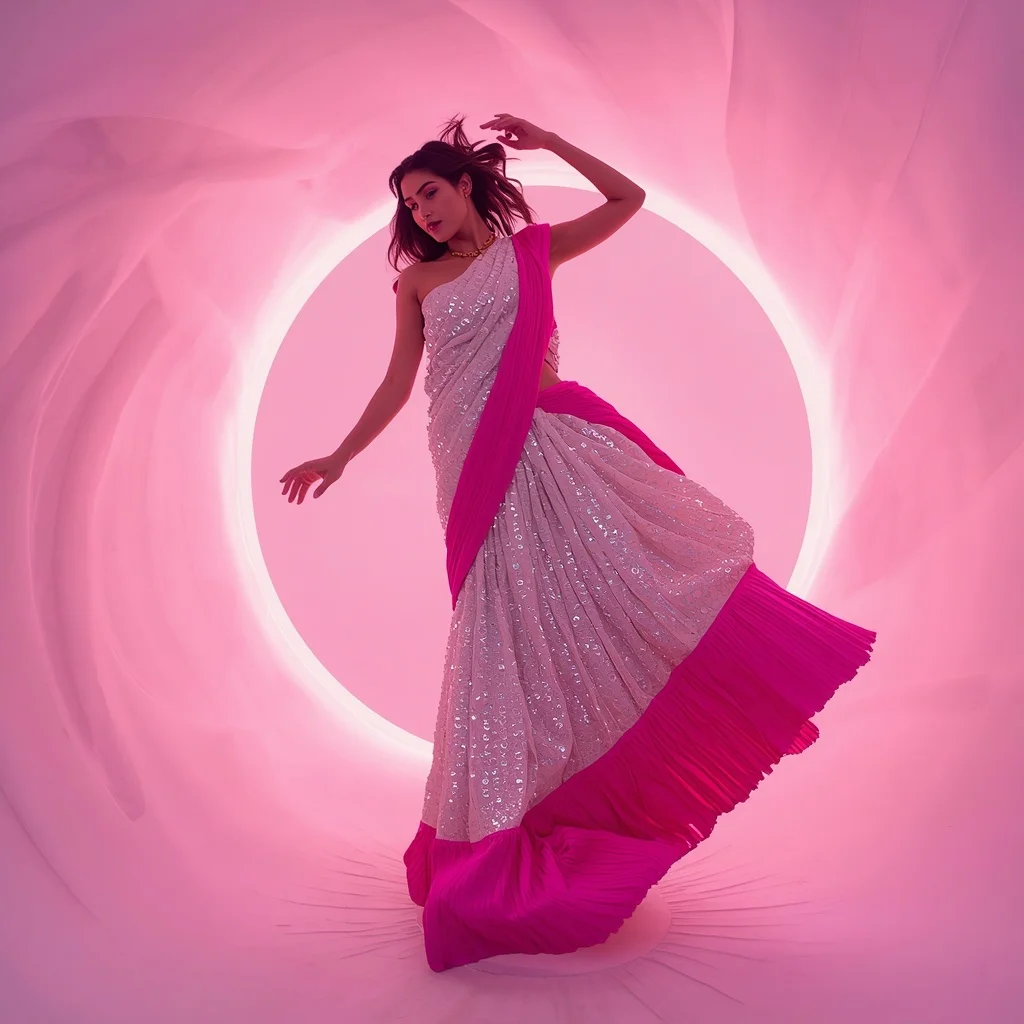 Cyber-Pearl and Electric Magenta Plissé Saree with Floating Light Pod | Selfie Prompt