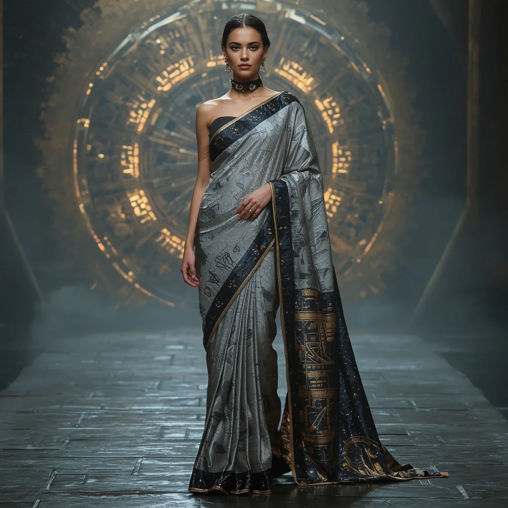 Cyber Silk Fossil Void Saree with Digital Ruin Galaxy Core | Instagram Photography Ai Prompt