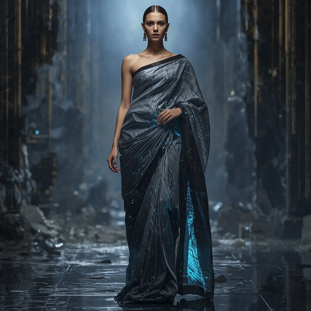 Cyber Silk Rift Saree with Digital Ruin Dimension | Image Prompt