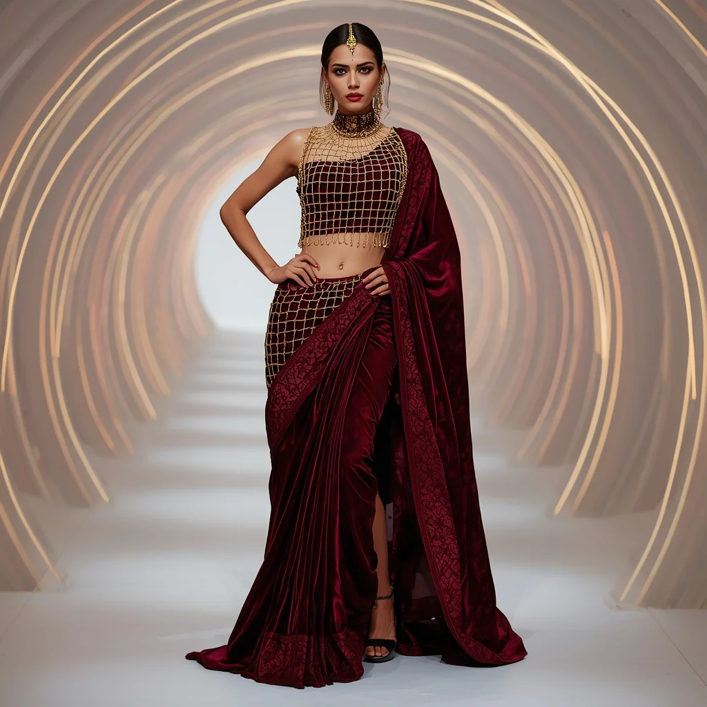 Deep Burgundy Velvet and Gold Cage Saree in Laser Tunnel | 4k Ai Prompt