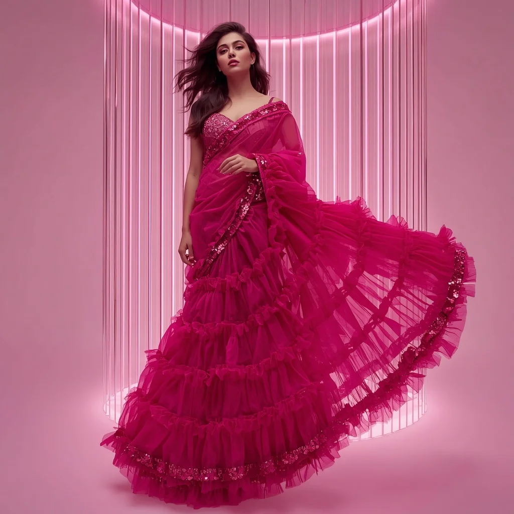 Deep Fuchsia Organza and Liquid Titanium Saree with Infinite Prism Cylinder | Editing Prompt Girl Aesthetic