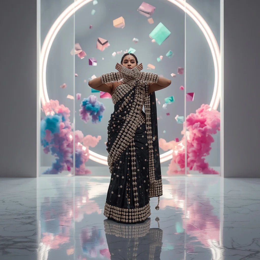 Deep Sea Pearl Armor Saree: Thousands of Pearls on Onyx Black | The Symmetrical Hands-Crossing Chest Pose | Prompt Seen Trending Girl