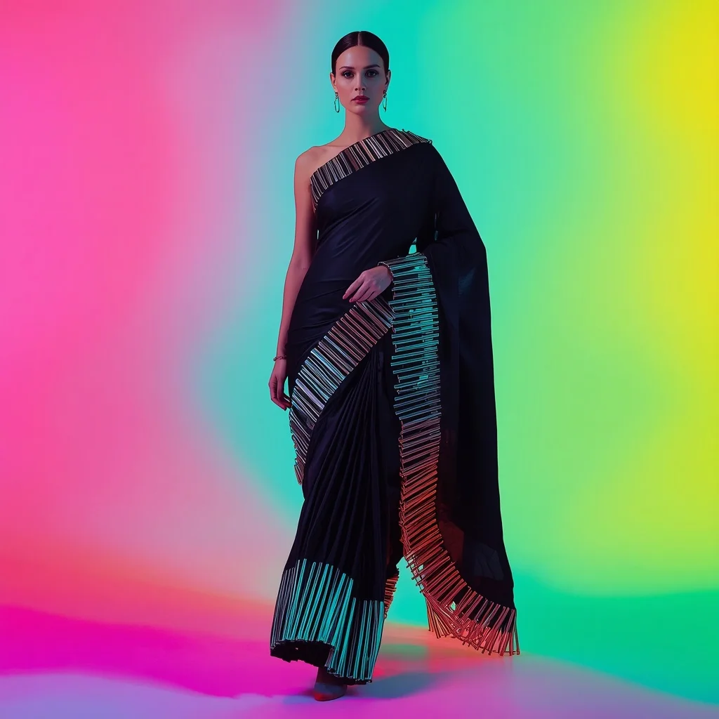 Dense Heavy Neon Plasma Tube Grid forming 3D Architectural Border Saree | Saree Instagram Ai Prompt