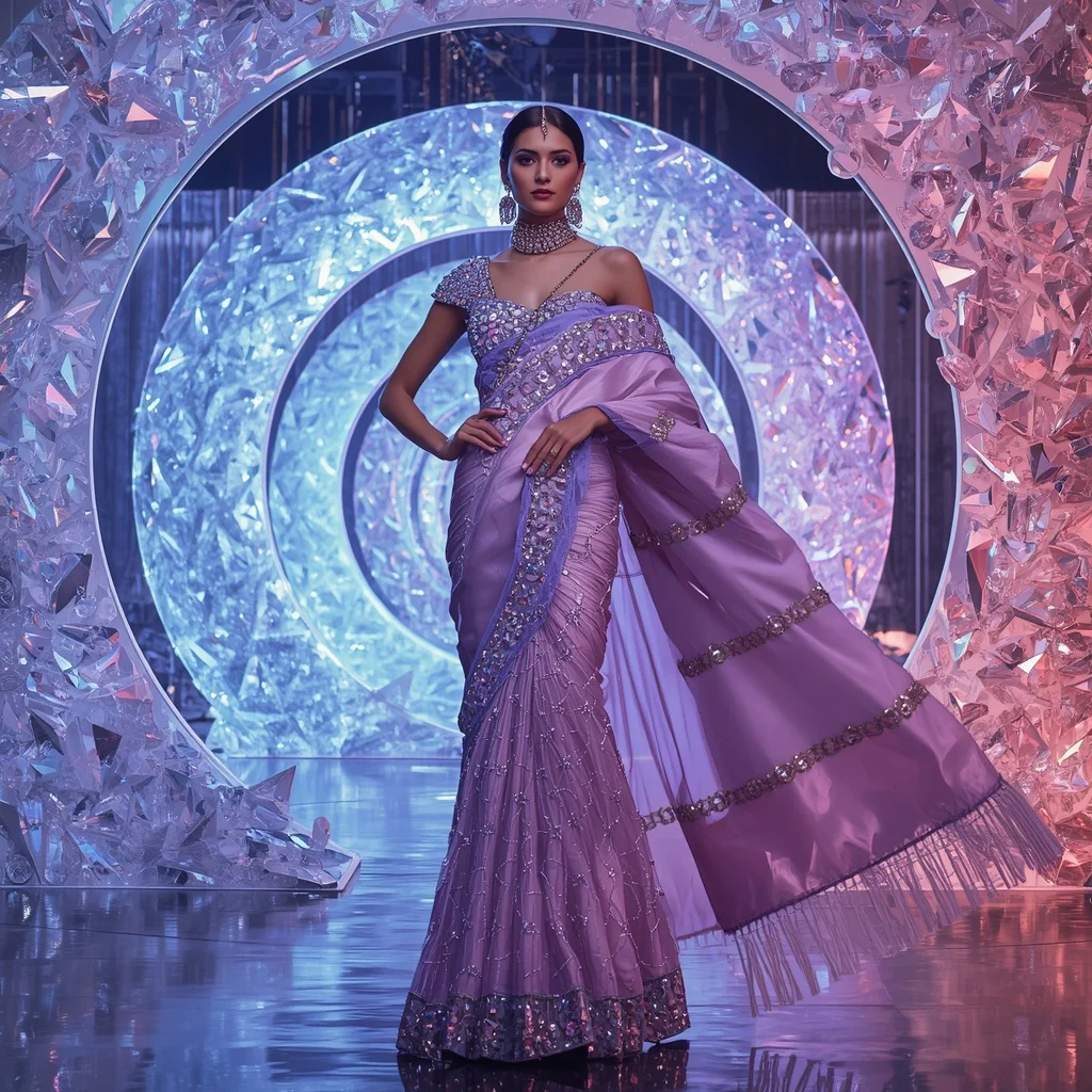 Diamond Aurora Inferno Saree with Holographic Spiral Crystal Citadel | Style Ai Prompt