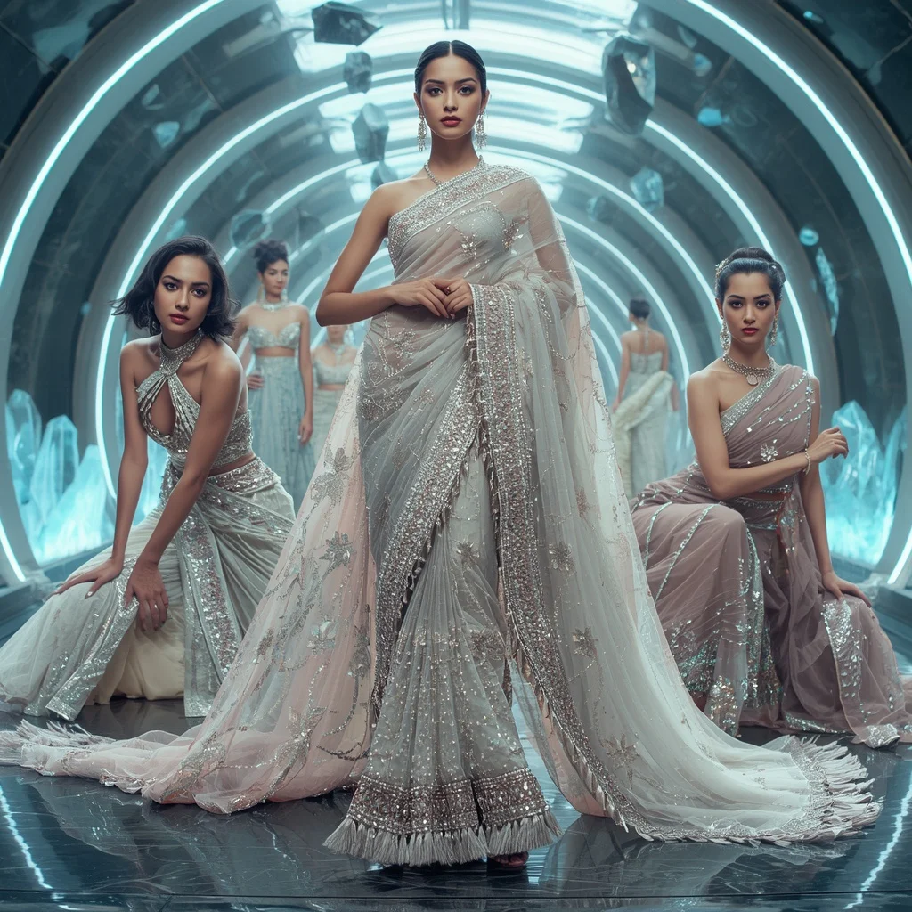 Diamond Aurora Majesty Saree with Floating Crystal Infinity Sanctuaries | Instagram Reel Ai Prompt