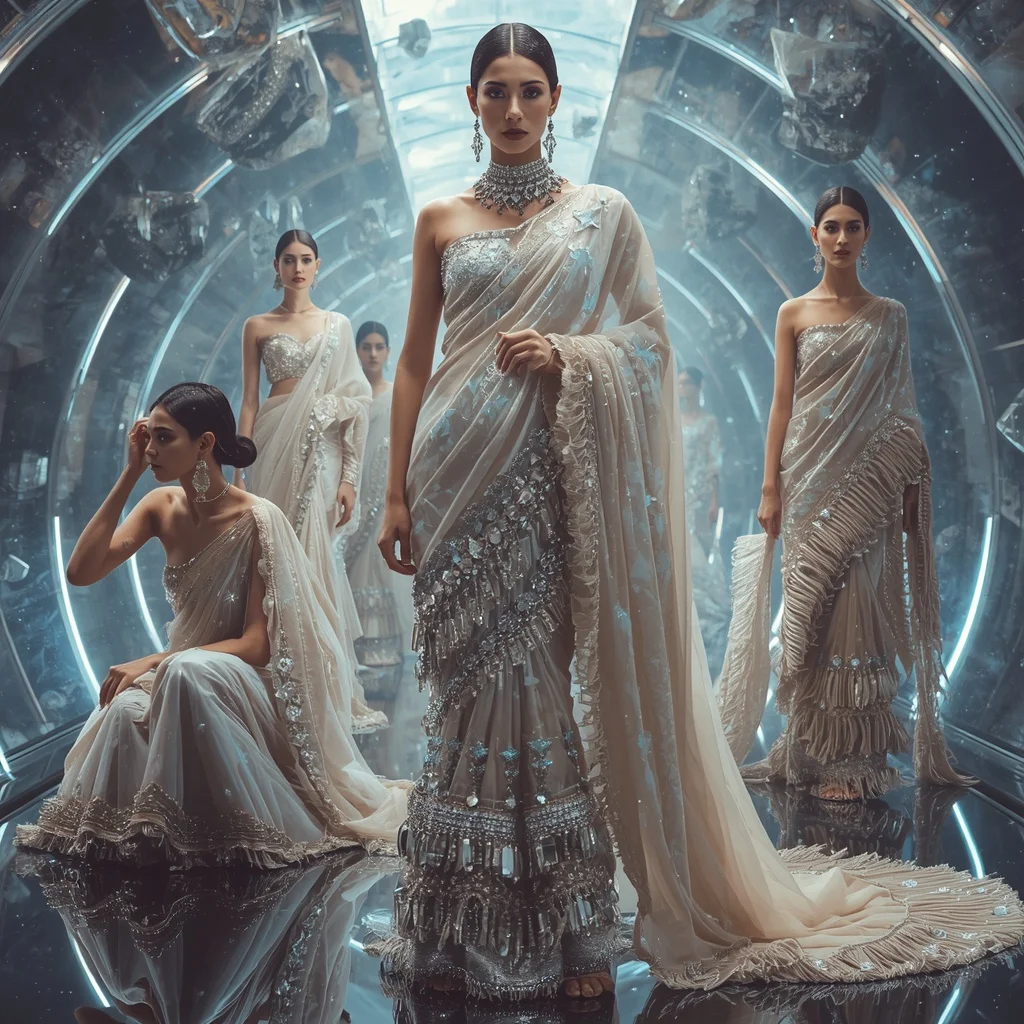 Diamond Aurora Royale Saree with Floating Crystal Galaxy Corridor | Fitness Model Ai Prompt
