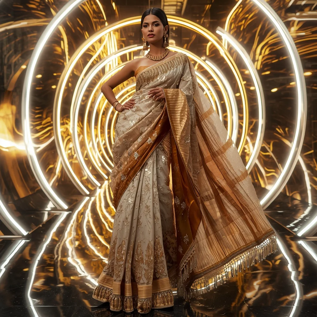 Diamond Flame Eclipse Saree with Curved Neon Solar Infinity Palace | Face Ai Prompt