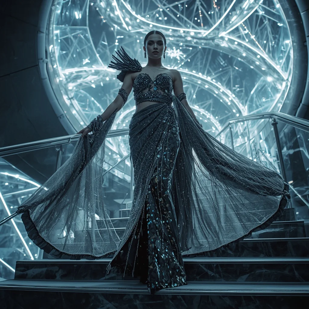 Diamond Meteor Spiral Fracture Infinity Armor Saree with Floating Crystal Collapse Nexus Stair Temple | Beautiful Woman Ai Prompt