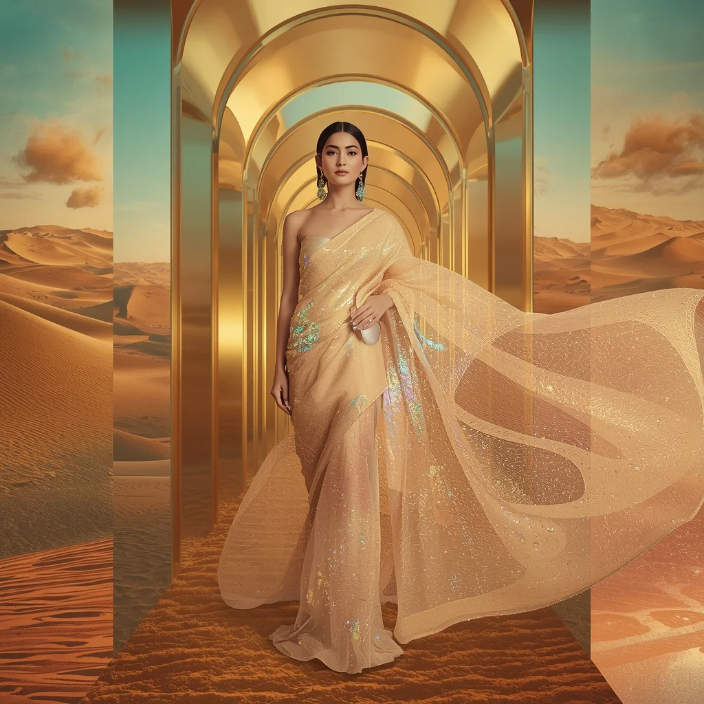 Diamond Sand Mirage Saree with Shifting Desert Reality | Instagram Viral Photo Ai Prompt