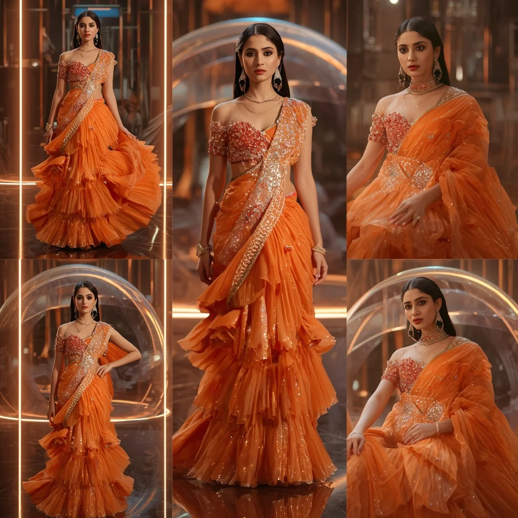 Diamond Sunset Crystal Saree with Floating Neon Dome | Modern Design Ai Prompt