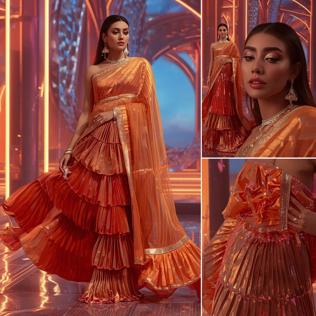 Diamond Sunset Royale Saree with Floating Neon Dome | Prompt Ai