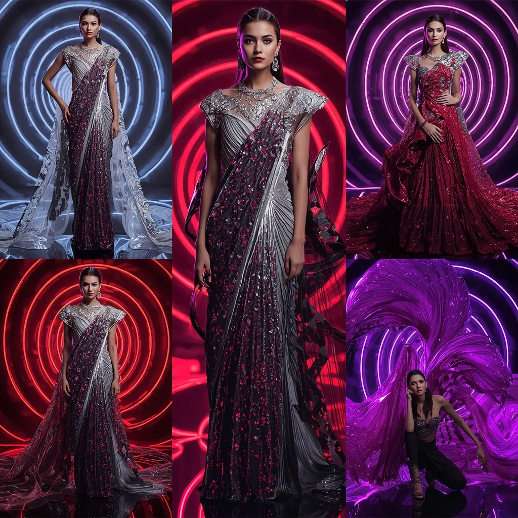 Diamond Thunder Mirage Saree with Neon Spiral Palaces | Instagram Influencer Ai Prompt