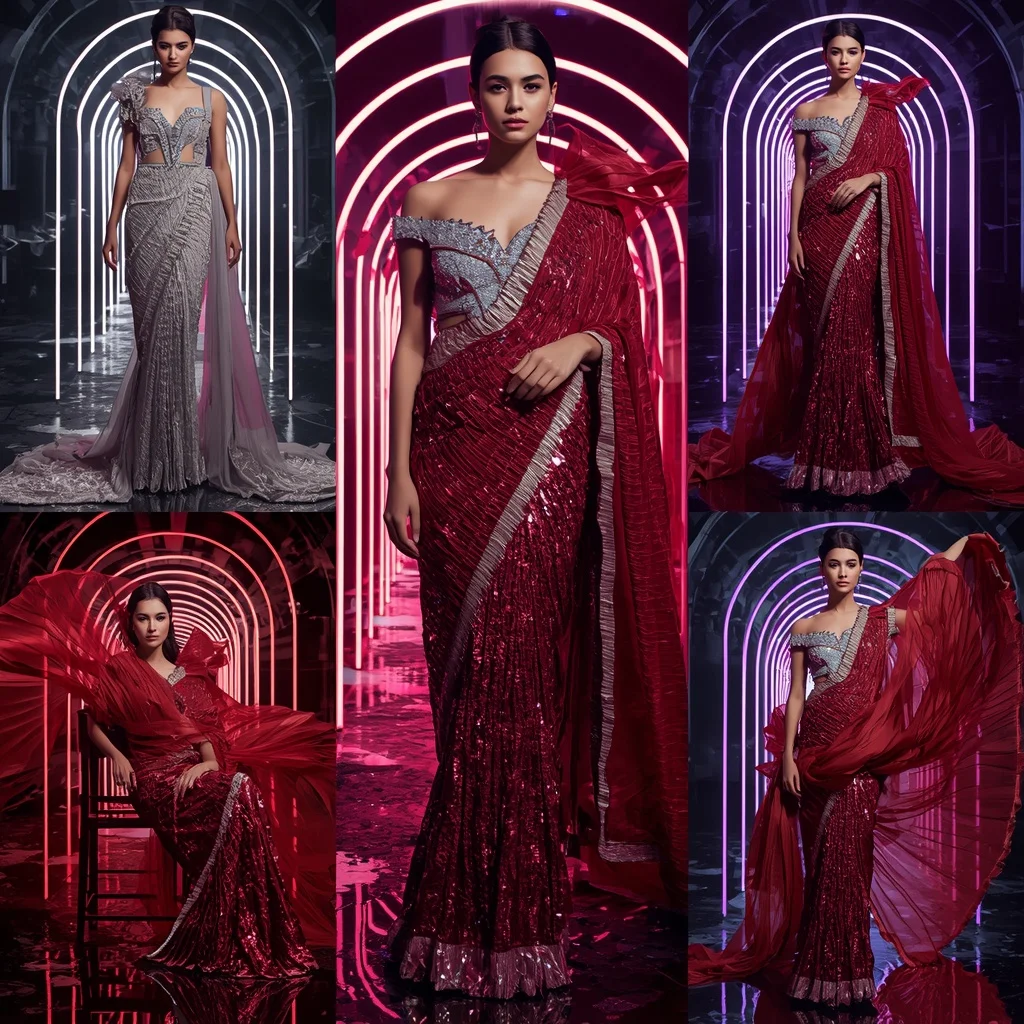 Diamond Thunder Symphony Saree with Neon Spiral Corridors | Motivation Ai Prompt
