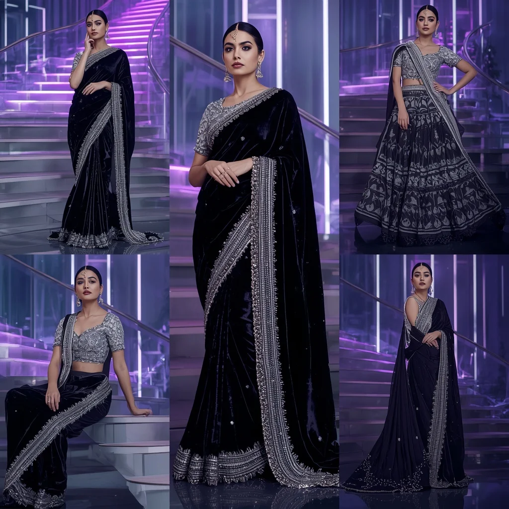 Diamond Velvet Eclipse Saree with Floating Prism Staircase | 3d Animation Ai Prompt