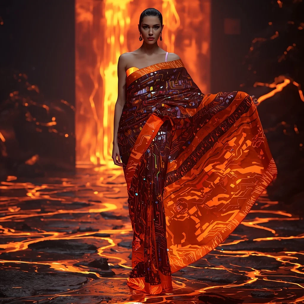 Digital Lava Flow Saree with Molten Data Streams | Trending Prompt Girls ChatGPT