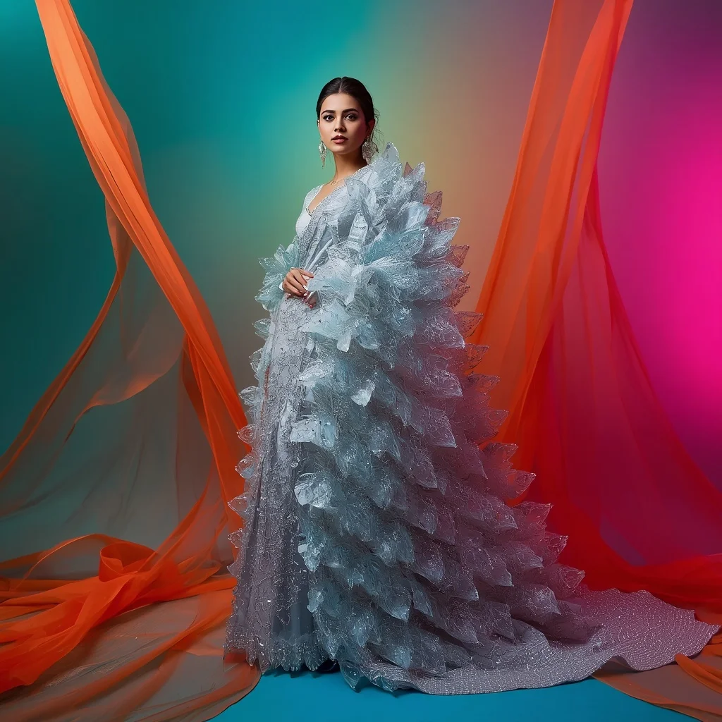 Dramatic Festival Saree: Platinum Satin with Heavy 3D Sculpted Glass Peacocks | Stable Diffusion Prompt