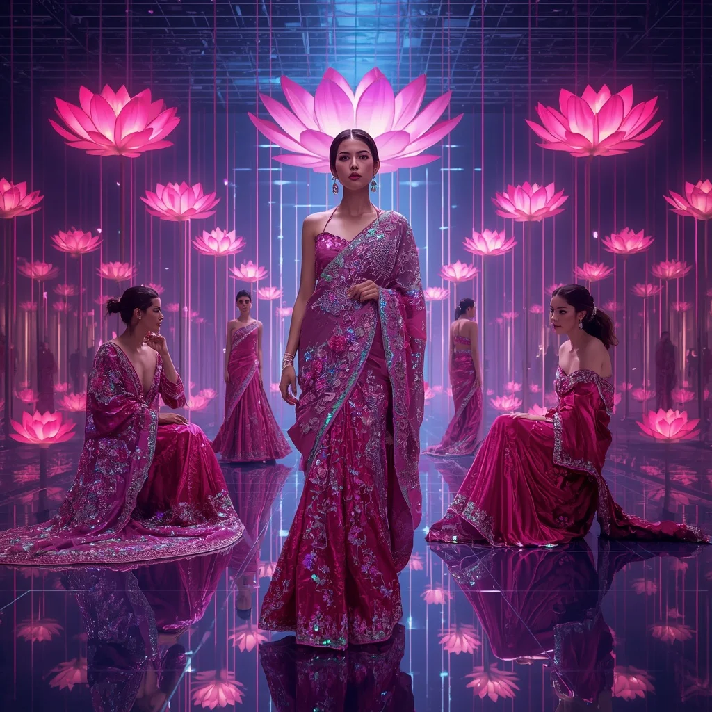 Electric Bloom Saree with Floating Infinity Lotus Cathedral | Saree Prompt For Gemini