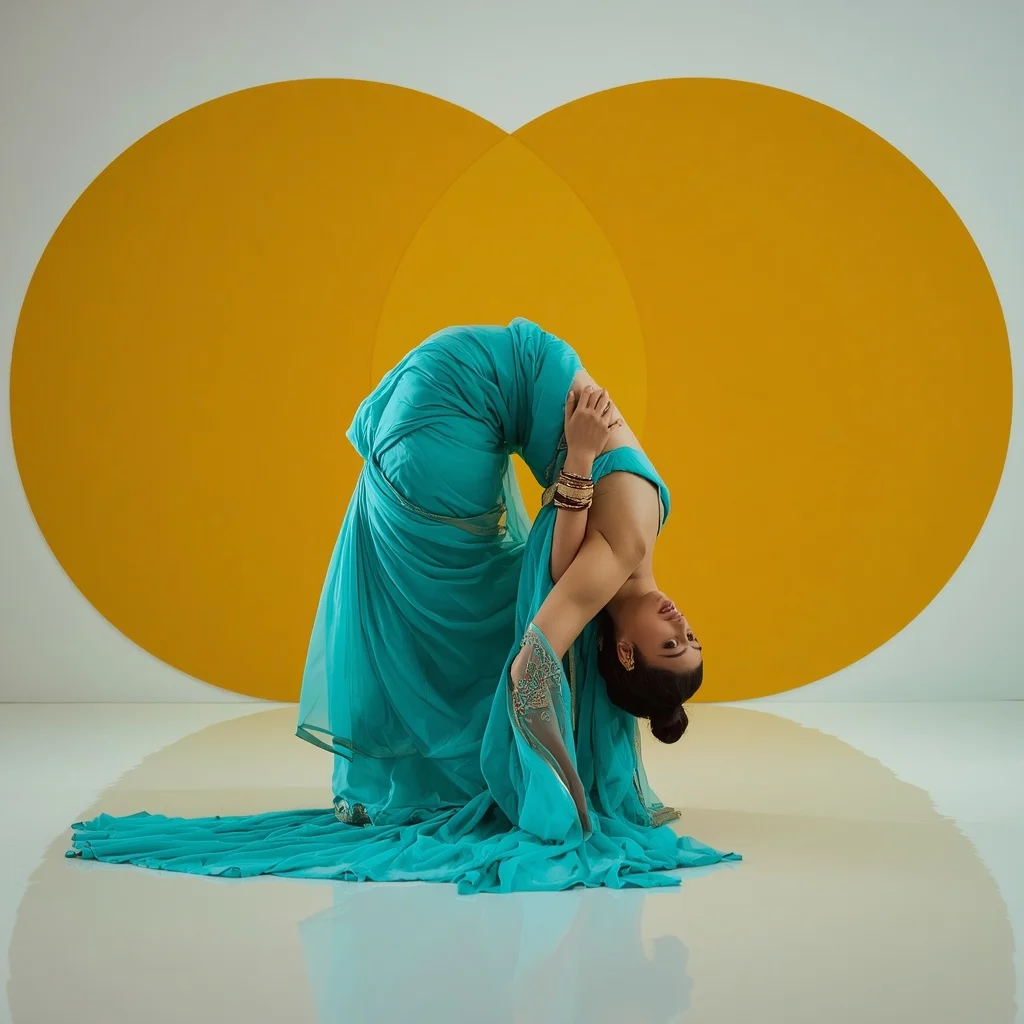 Electric Cyan Parachute Silk – Dramatic Backbend with Pop-Art Mustard Circles | Trending Girl Photo Prompt