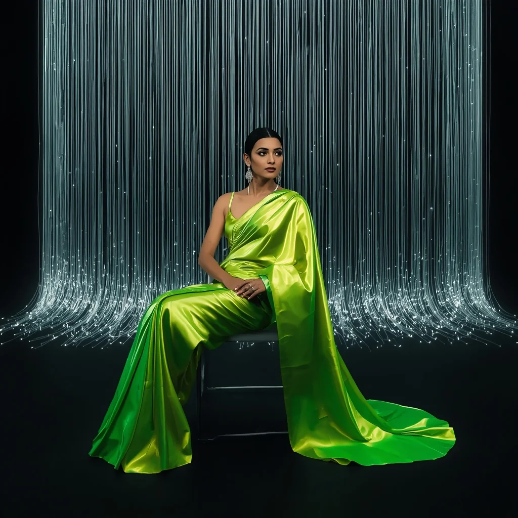 Electric Lime Metallic Saree – Invisible Chair Pose with Sweeping Fiber Optics | Prompt Generator