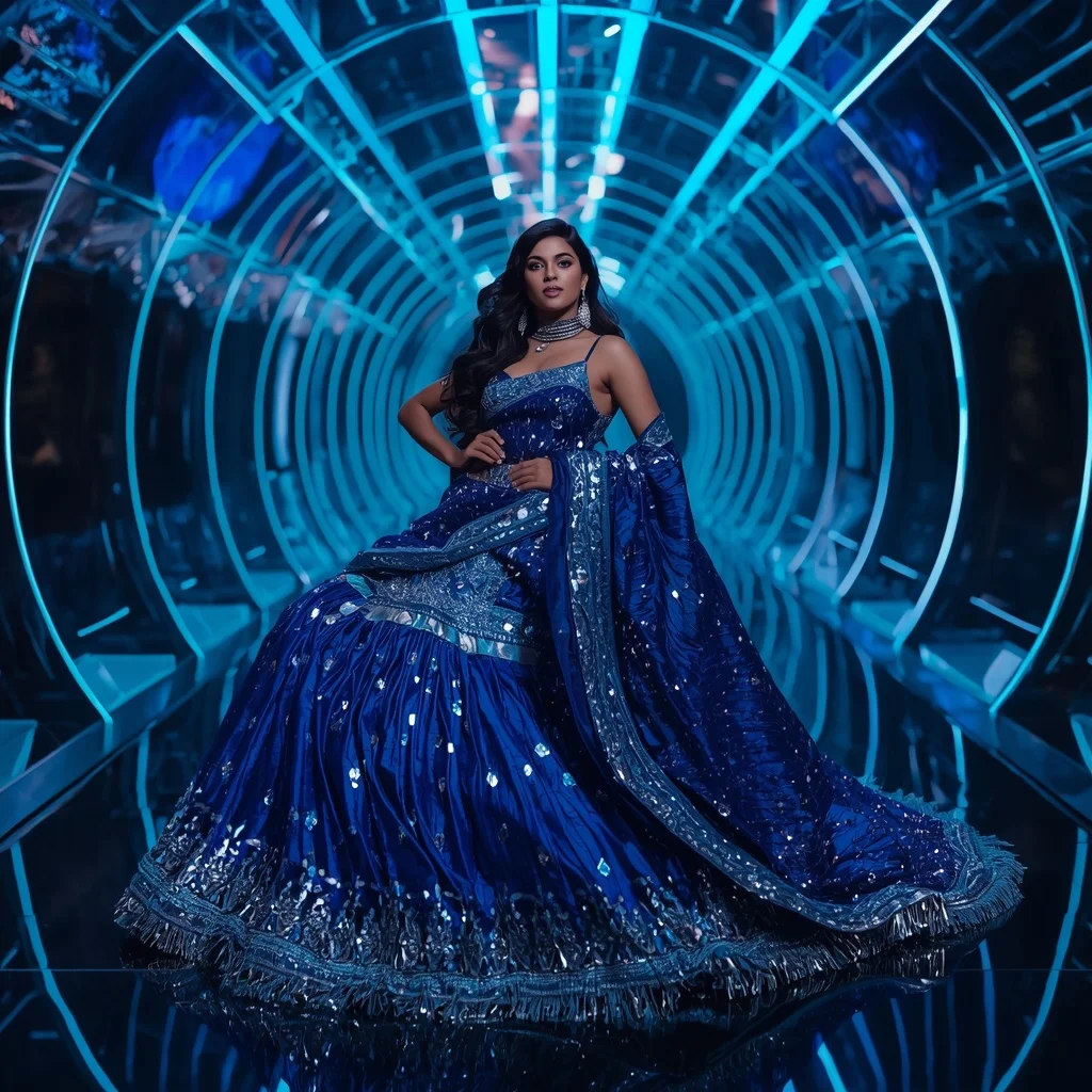 Electric Sapphire Infinity Saree with Curved Laser Galaxy Hallways | Prompt For Traditional Look For Girl