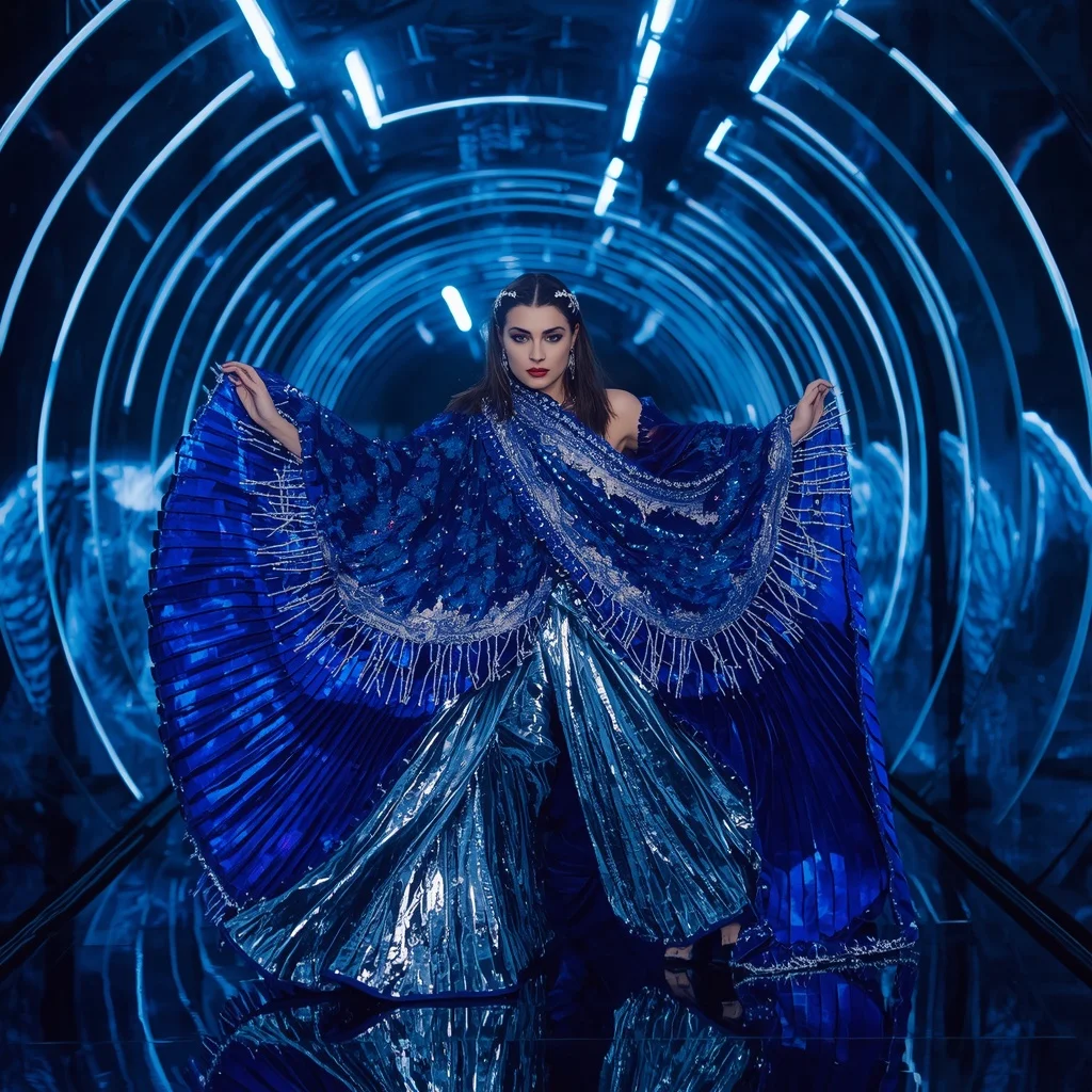 Electric Sapphire Infinity Saree with Curved Laser Galaxy Universes | Prompt Ai