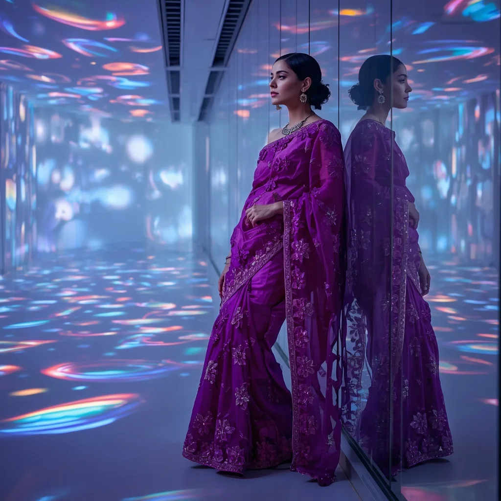 Electric Violet Laser-Cut Applique Saree for Futuristic Festive Look | Style Ai Prompt