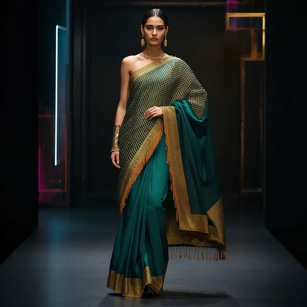 Emerald and Deep Teal Sculptural Saree with Gold Mesh Armor | Ai Girl Image Prompt