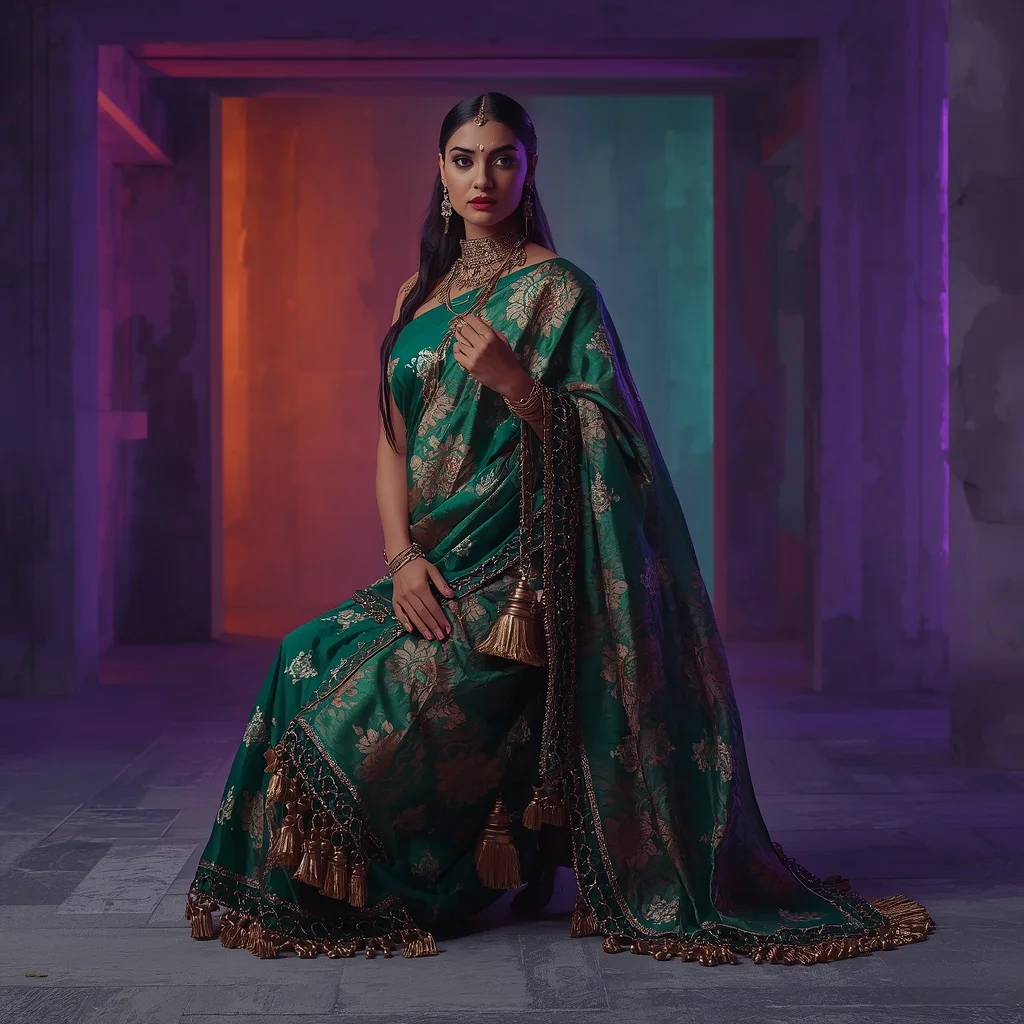 Emerald and Oxidized Copper Foil-Print Heavy Drape Saree | Ai Portrait Prompt