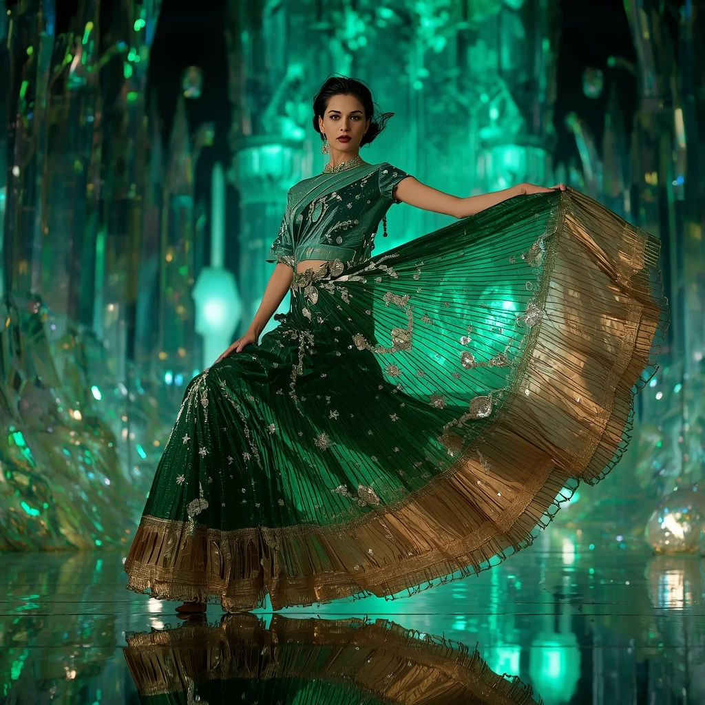 Emerald Aurora Inferno Saree with Floating Crystal Cathedral | Image Prompt