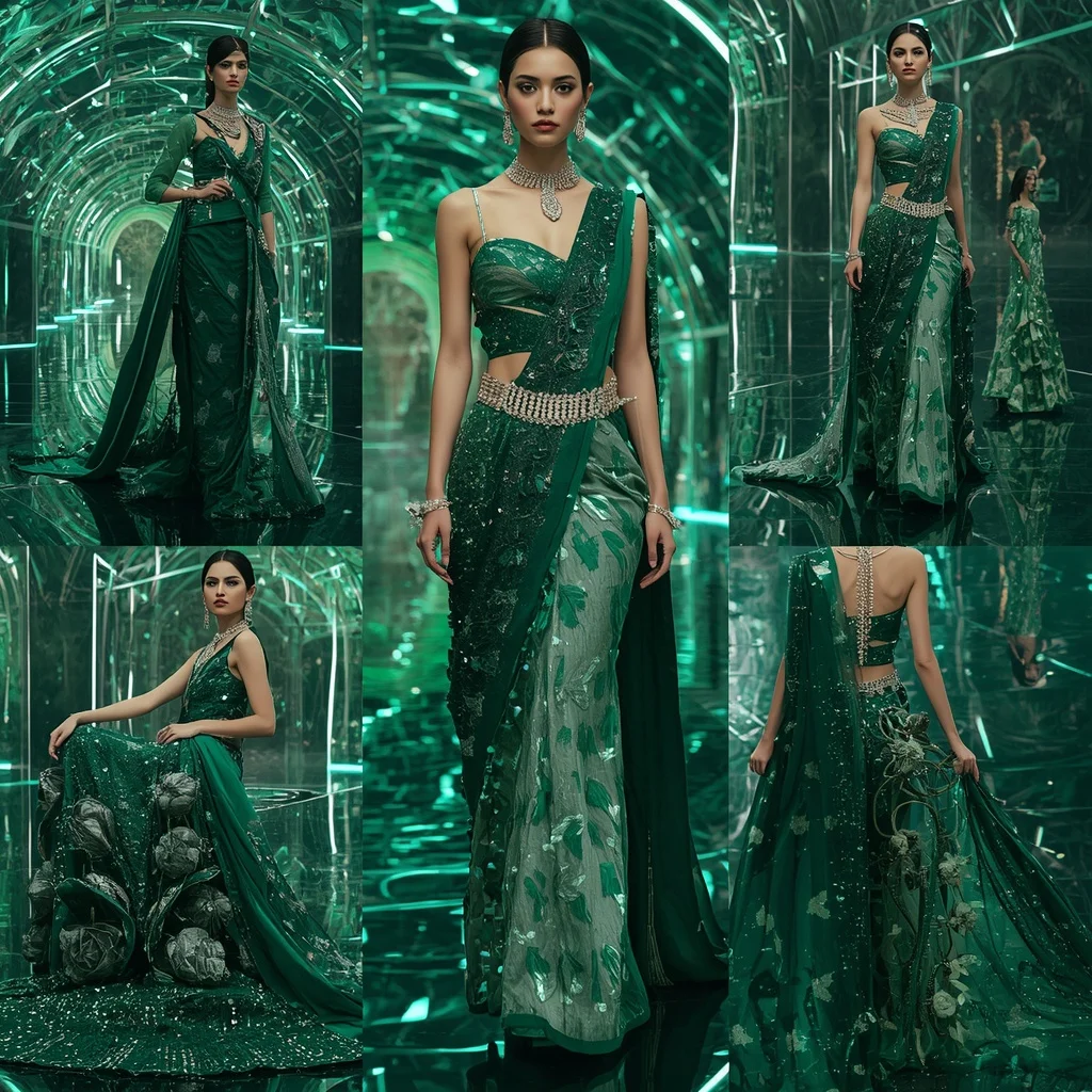 Emerald Aurora Mirage Saree with Infinite Prism Domes | Fashion Ai Prompt